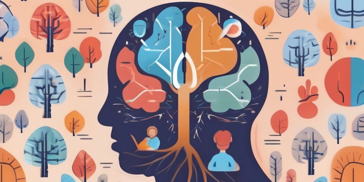 Artistic depiction of a person with a tree for a brain, roots stretching into the throat, symbolizing the deep integration of understanding mental health into our expression, linked to the blog about mental health myths and facts.