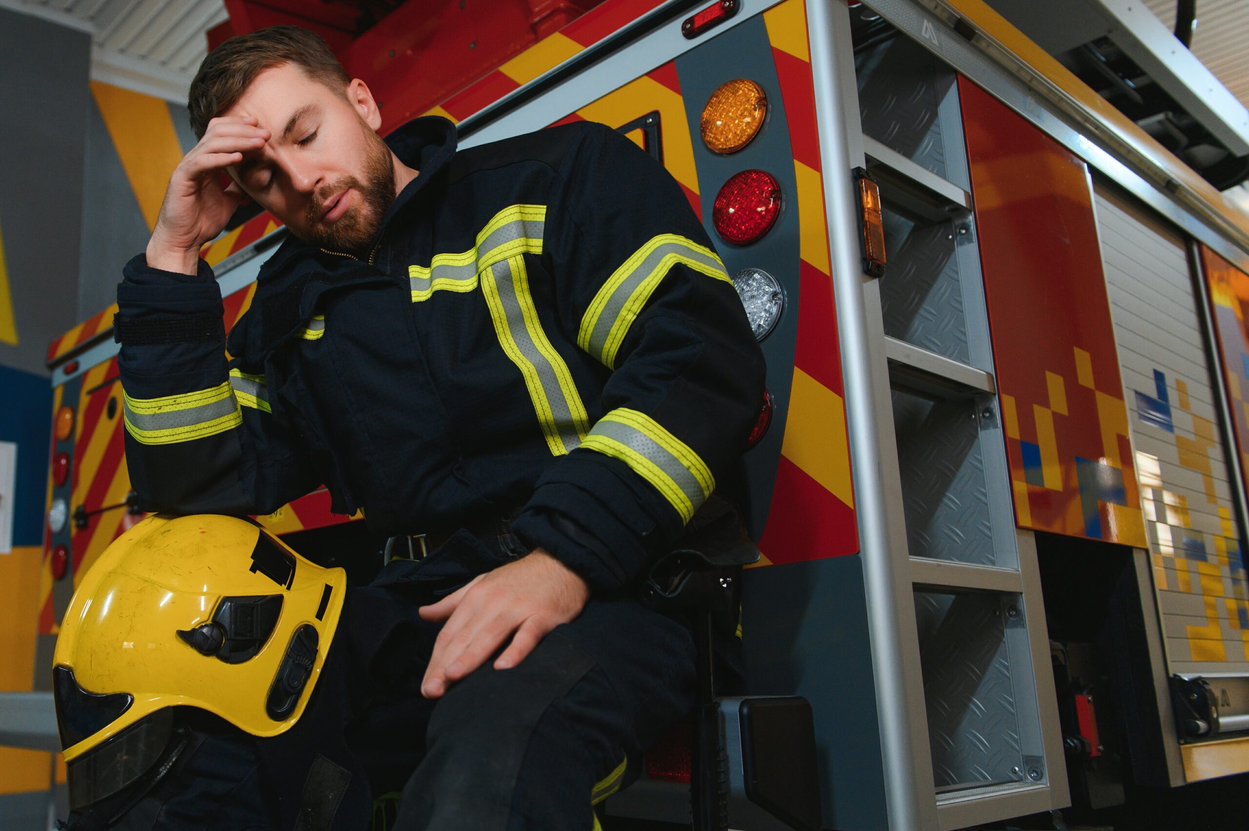 A firefighter with his hands on his head, dealing with trauma, representing the need for sensory modulation therapy to improve mental health for first responders and reduce PTSD symptoms.