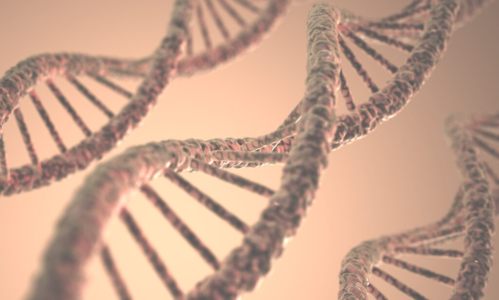 A detailed illustration of a DNA double helix, symbolizing the genetic factors involved in mental health disorders.