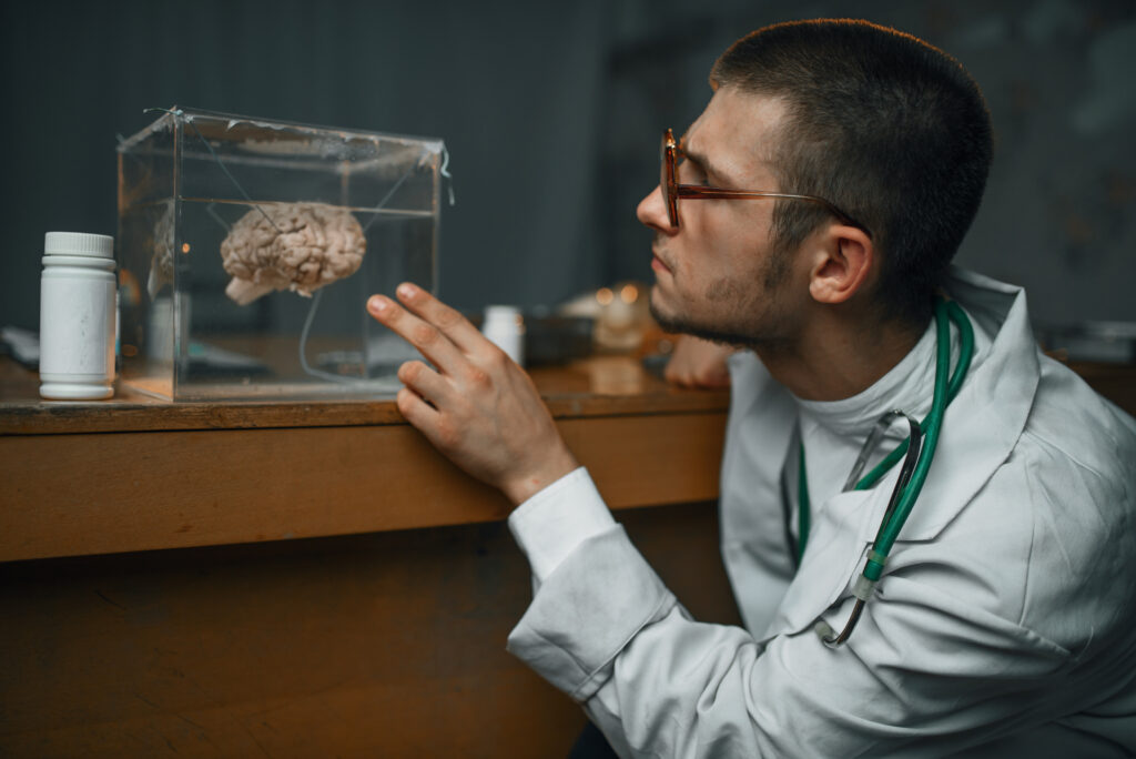 A doctor in a lab coat examining a model of a brain, symbolizing the neurological understanding of types of addiction, including substance abuse and behavioral addictions.