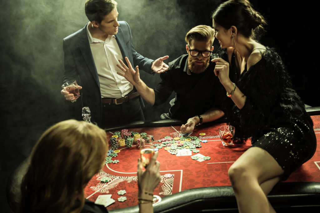 A group of men and women engaging in substance abuse and behavioral addictions, including drinking, smoking, and gambling.