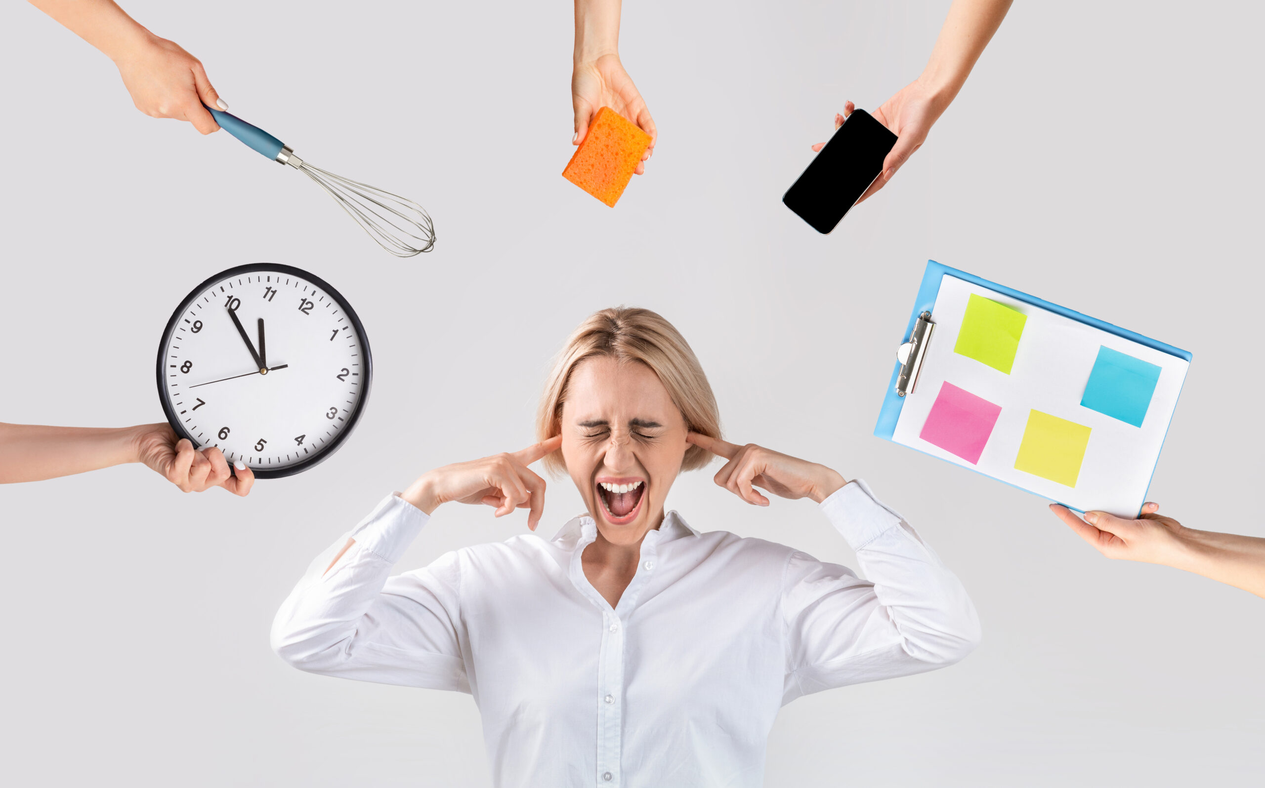 Woman plugging her ears and screaming, surrounded by a clock, phone, and planner, highlighting the need for daily strategies for adults with ADHD.