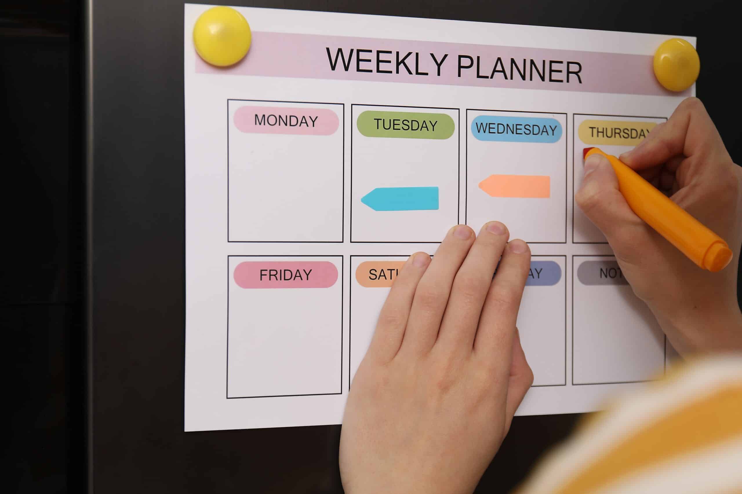 Weekly outpatient treatment schedule showing individual and group therapy sessions